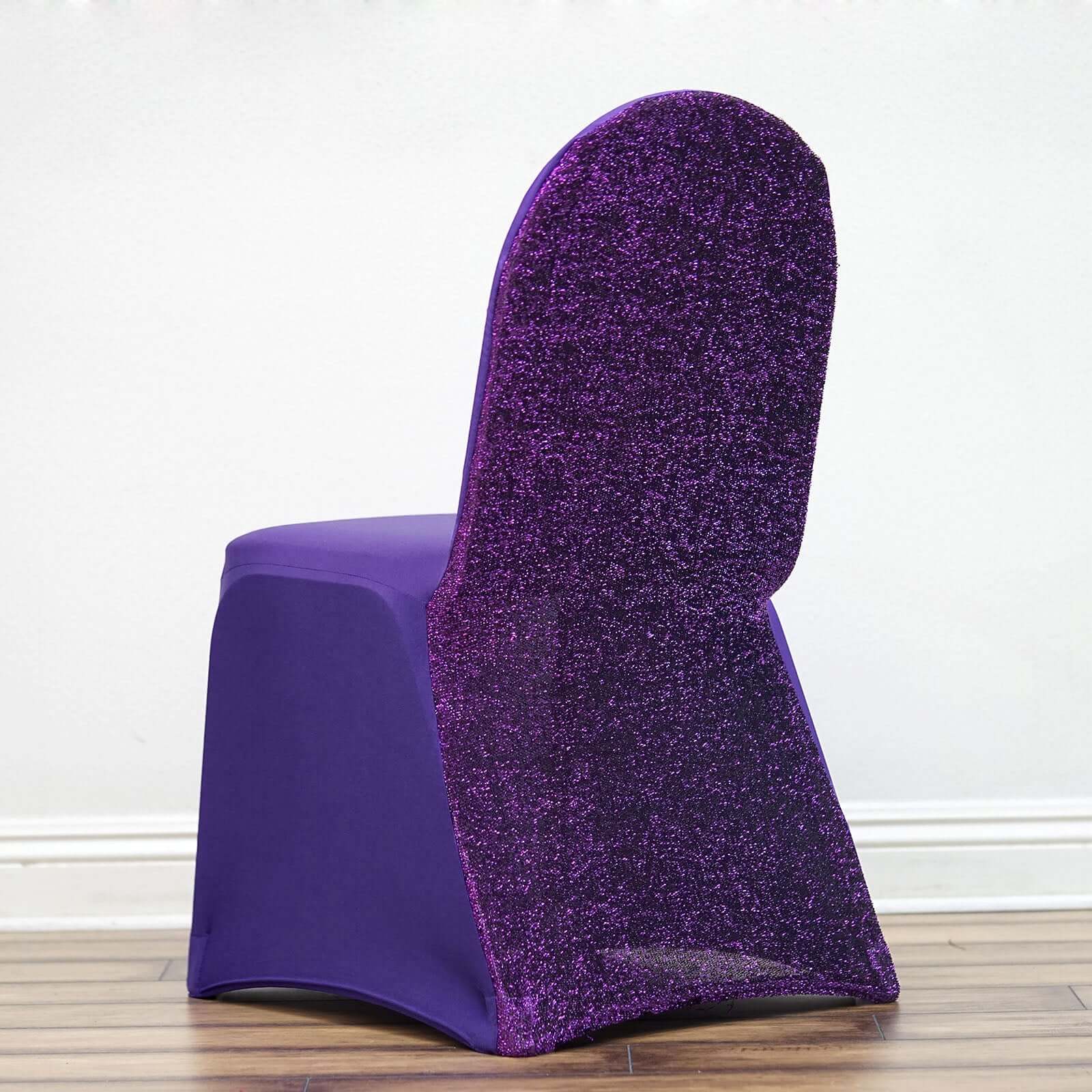 Spandex Chair Cover with Metallic Shimmer Tinsel Back for Banquet Chairs Purple - Fitted Slipcover - Linen Luxes