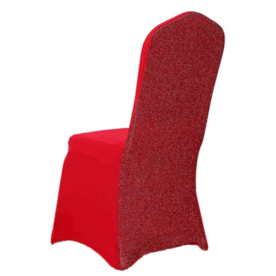 Spandex Chair Cover with Metallic Shimmer Tinsel Back for Banquet Chairs Red - Fitted Slipcover - Linen Luxes