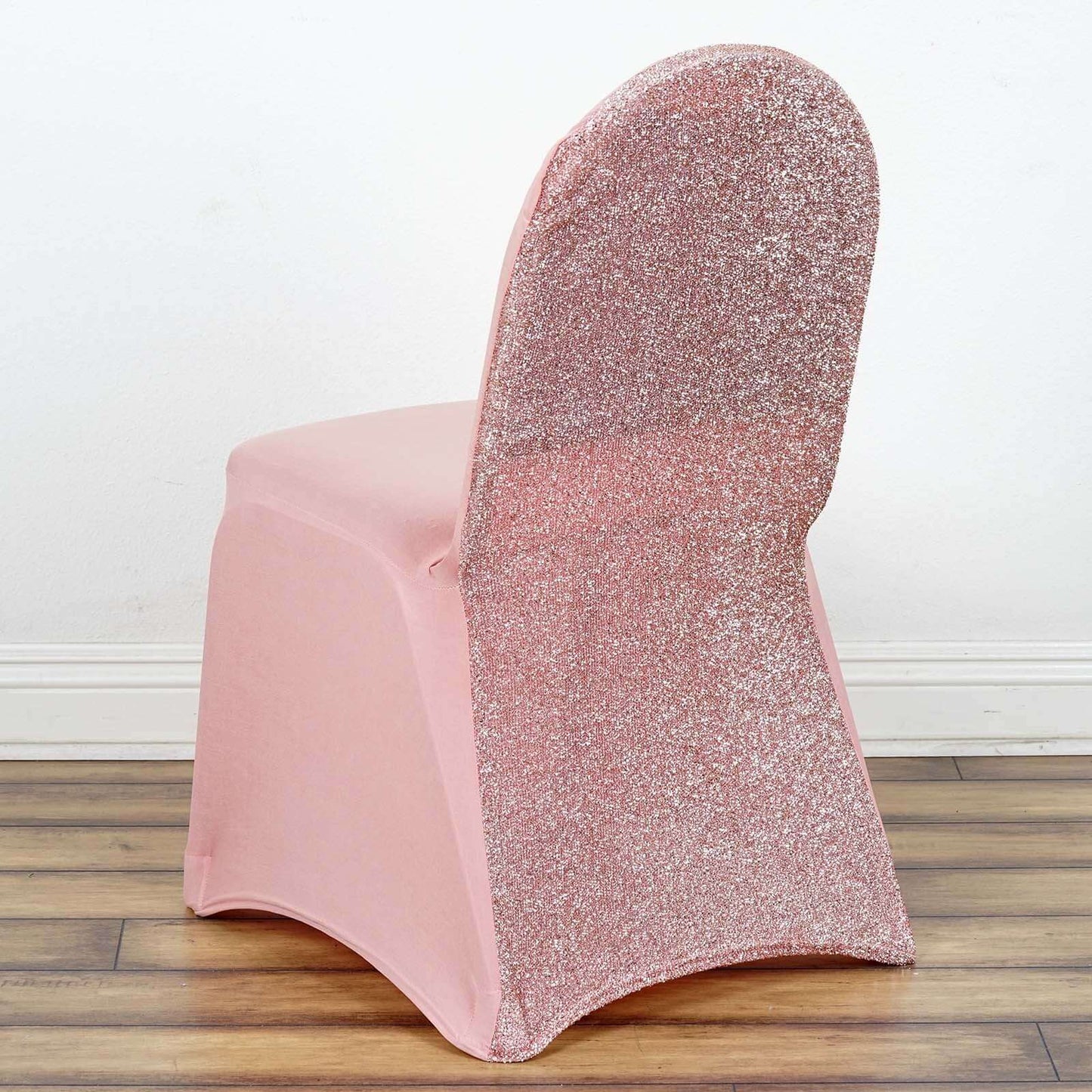 Spandex Chair Cover with Metallic Shimmer Tinsel Back for Banquet Chairs Rose Gold - Fitted Slipcover - Linen Luxes