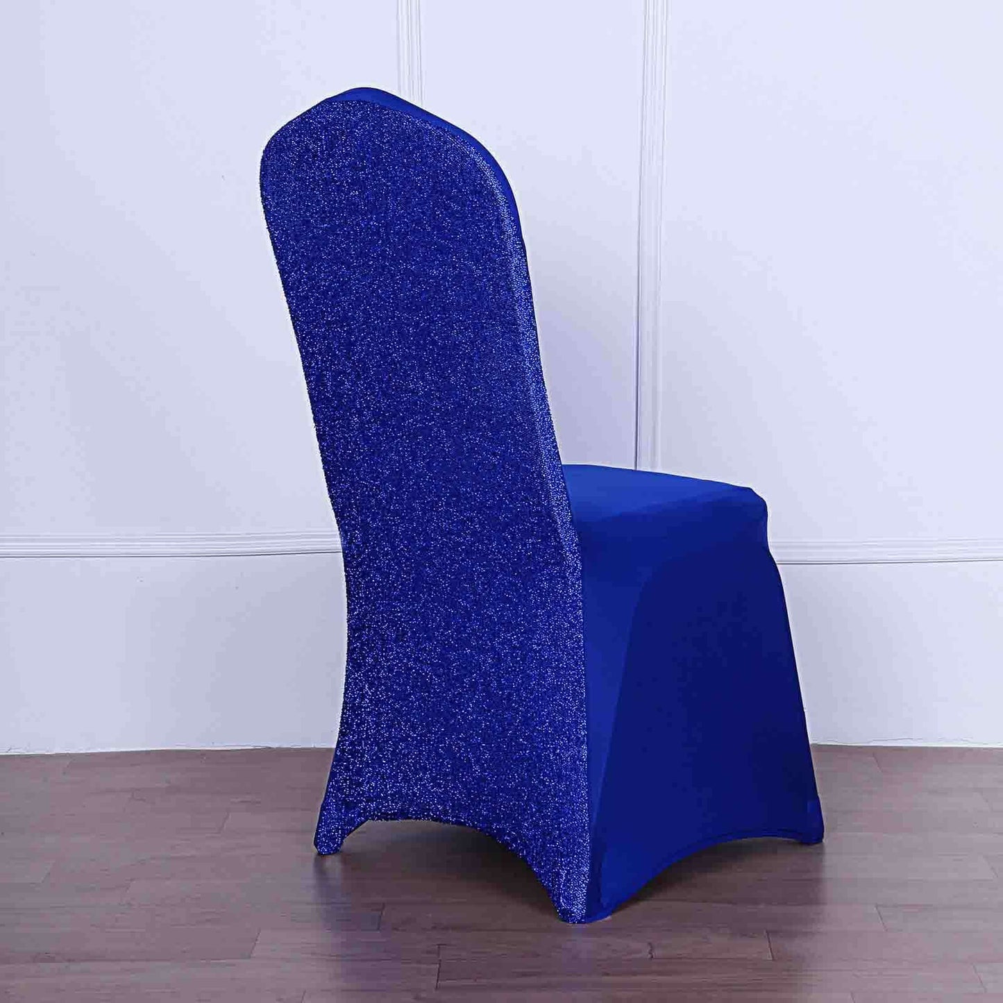 Spandex Chair Cover with Metallic Shimmer Tinsel Back for Banquet Chairs Royal Blue - Fitted Slipcover - Linen Luxes