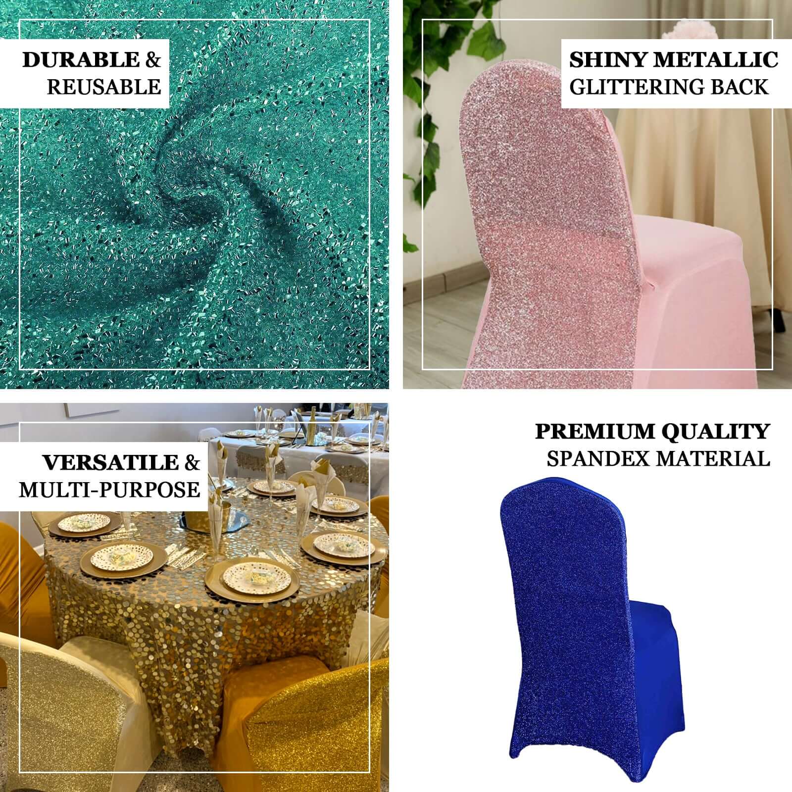 Spandex Chair Cover with Metallic Shimmer Tinsel Back for Banquet Chairs Royal Blue - Fitted Slipcover - Linen Luxes
