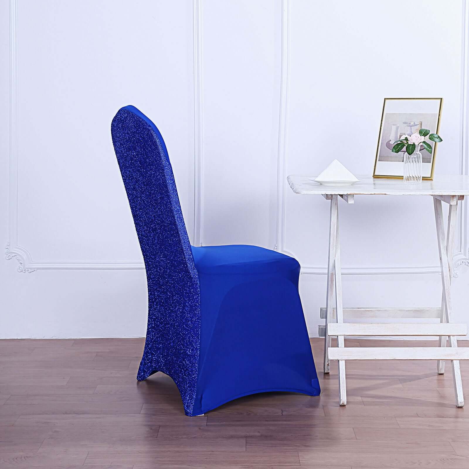 Spandex Chair Cover with Metallic Shimmer Tinsel Back for Banquet Chairs Royal Blue - Fitted Slipcover - Linen Luxes
