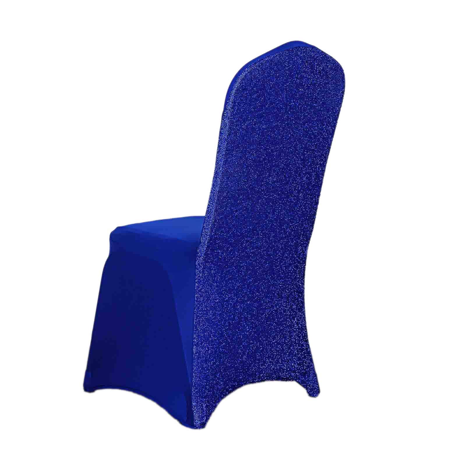 Spandex Chair Cover with Metallic Shimmer Tinsel Back for Banquet Chairs Royal Blue - Fitted Slipcover - Linen Luxes