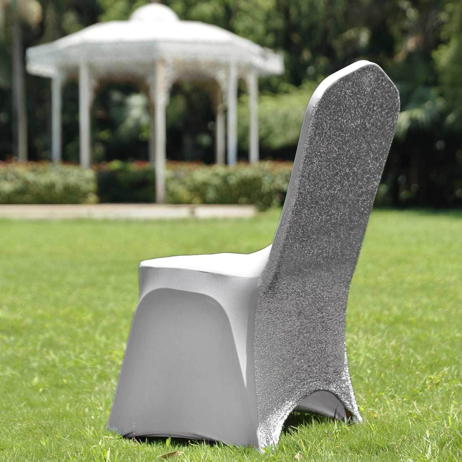 Spandex Chair Cover with Metallic Shimmer Tinsel Back for Banquet Chairs Silver - Fitted Slipcover - Linen Luxes