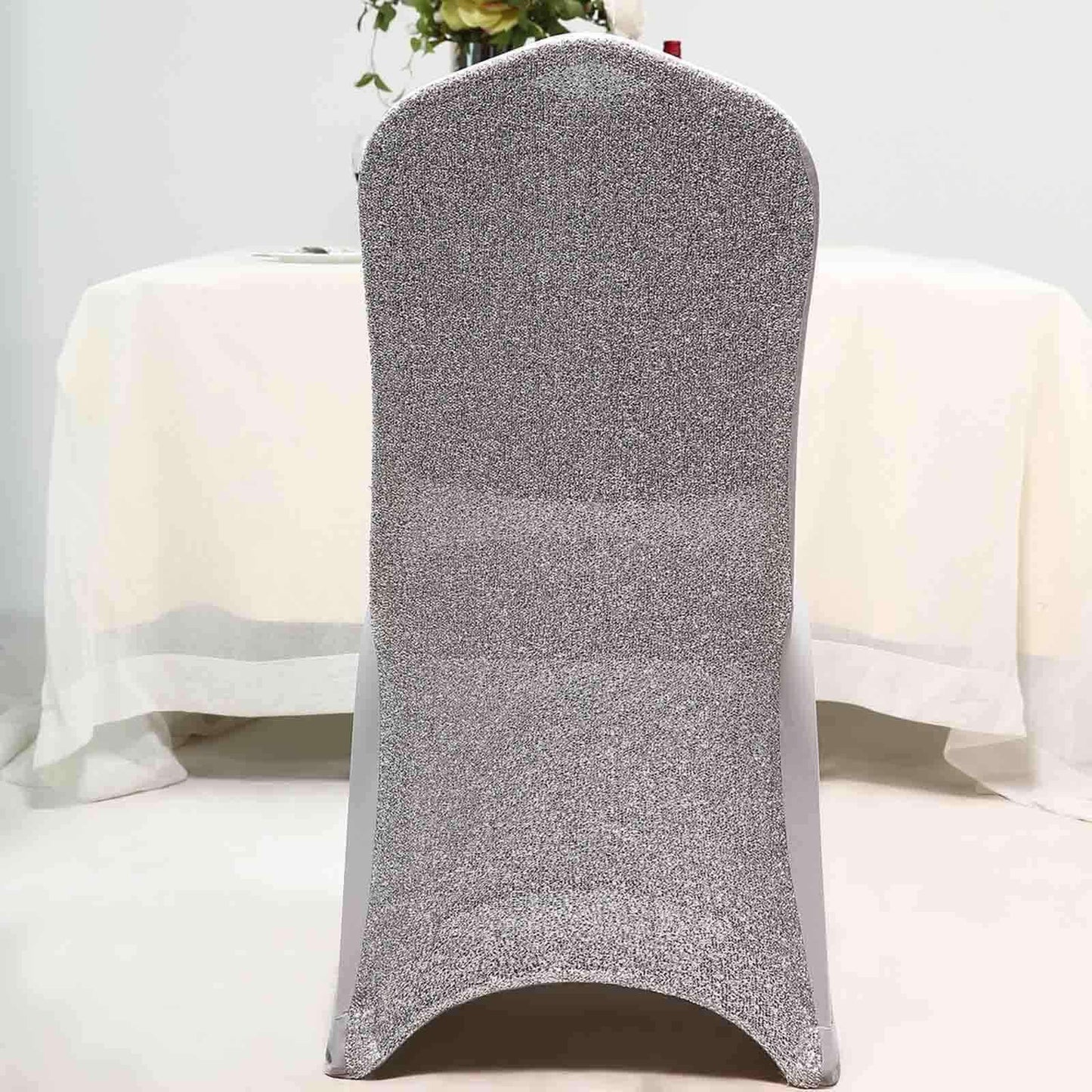 Spandex Chair Cover with Metallic Shimmer Tinsel Back for Banquet Chairs Silver - Fitted Slipcover - Linen Luxes