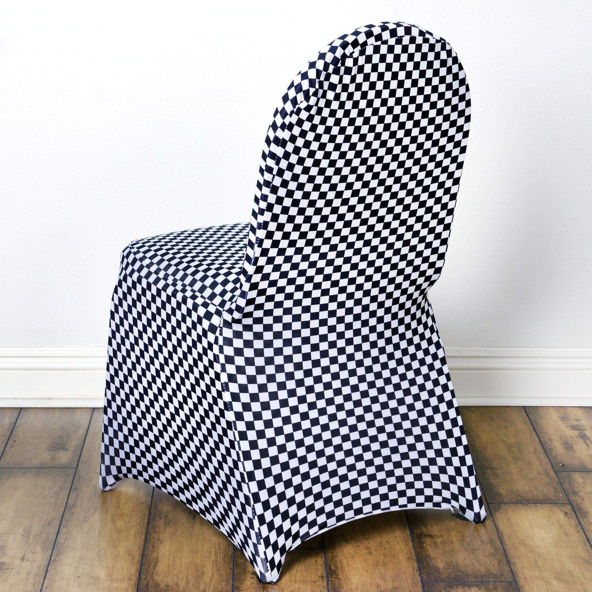 Spandex Chair Covers for Banquet Chairs Black/White Buffalo Plaid - Stylish Fitted Checkered Slipcovers for Weddings & Gatherings - Linen Luxes