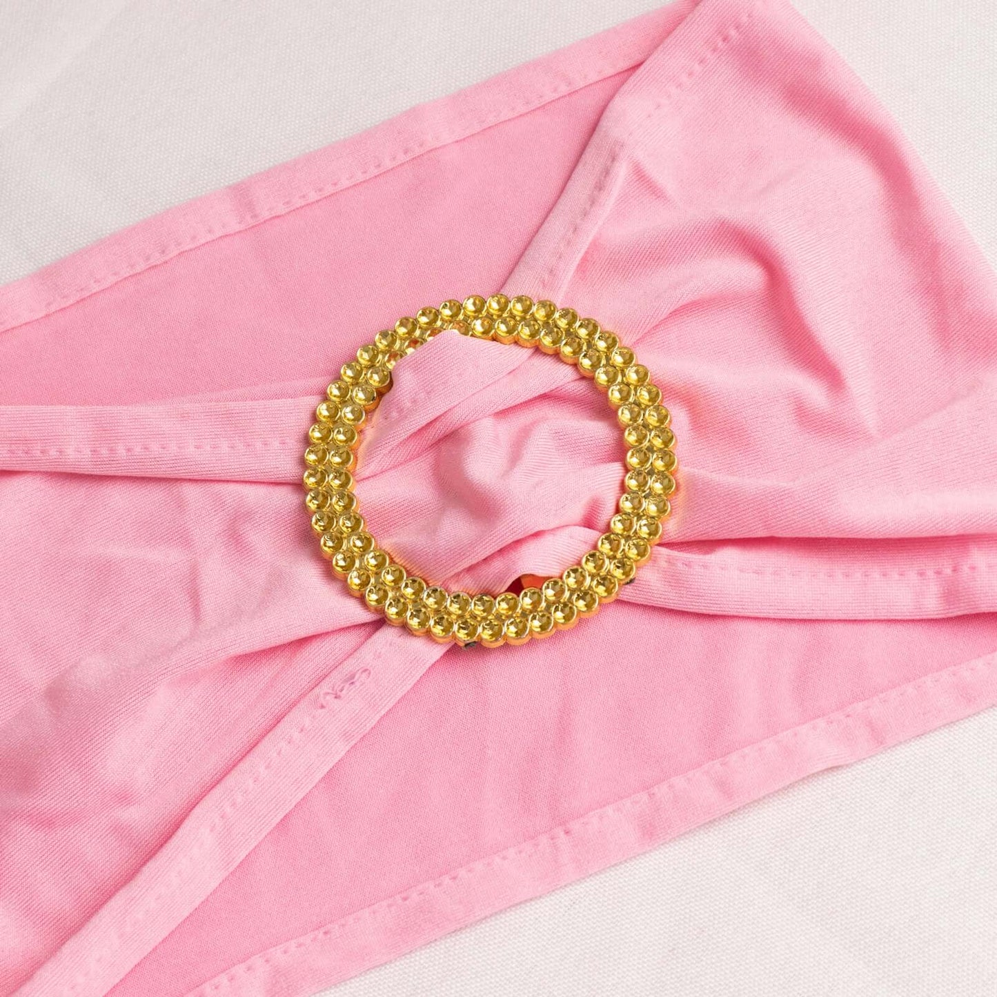 5 Pack Spandex Chair Sashes Pink with Gold Rhinestone Buckles - Reusable Four-Way Stretch Sash Bands 5"x14"