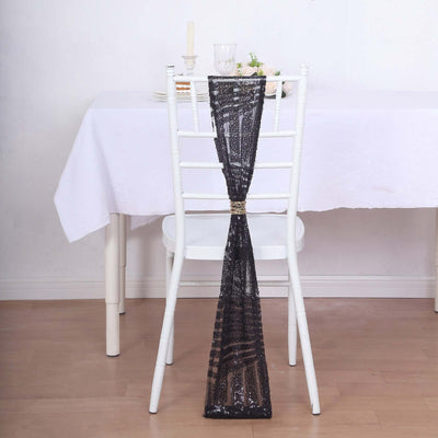5 Pack Glitz Sequin Chair Sashes with Geometric Diamond Design 6"x88" Black - Glittering Accent for Weddings
