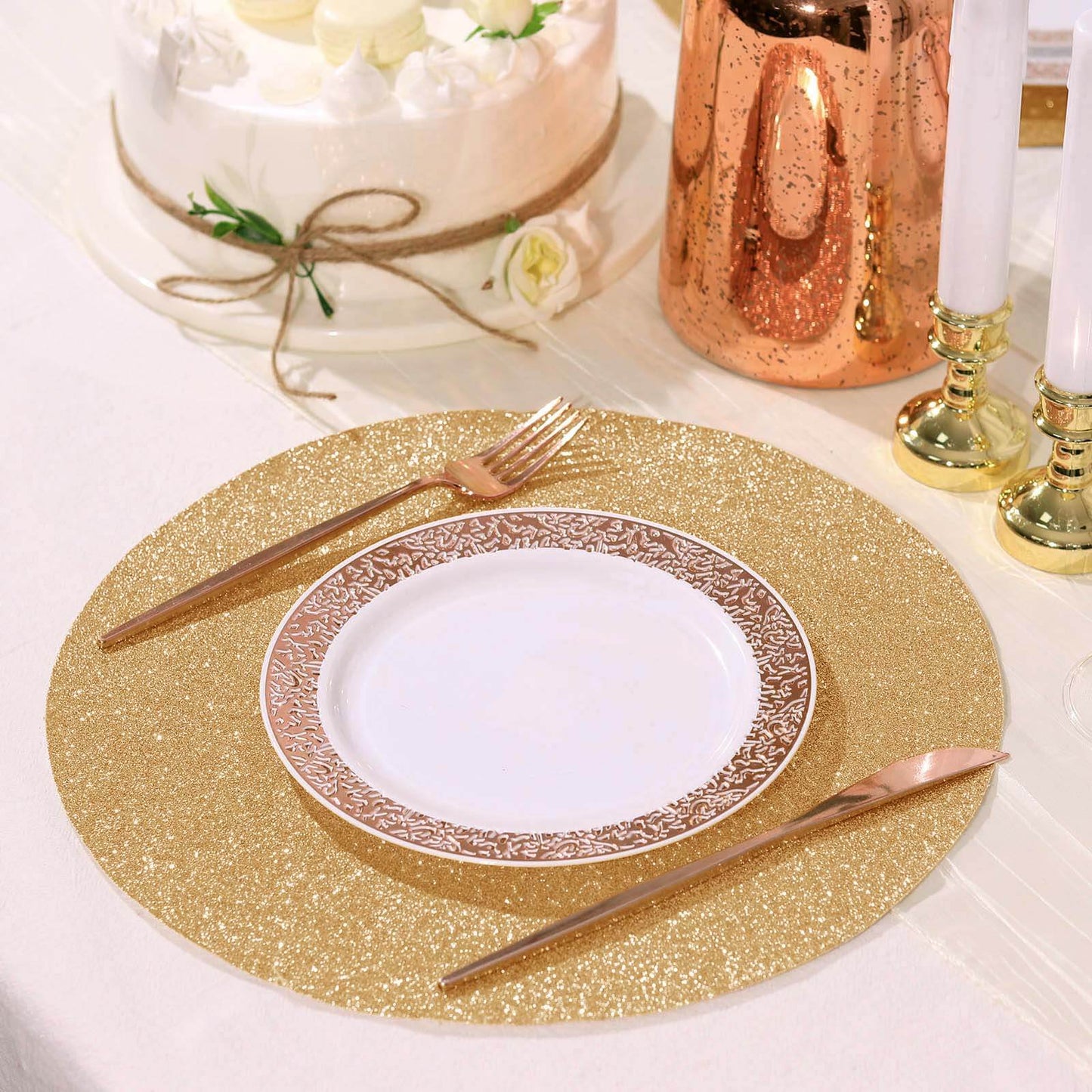 6-Pack Placemats Glitter Design Champagne Sparkle Round - Non-Slip Decorative Dining Table Mats 13"