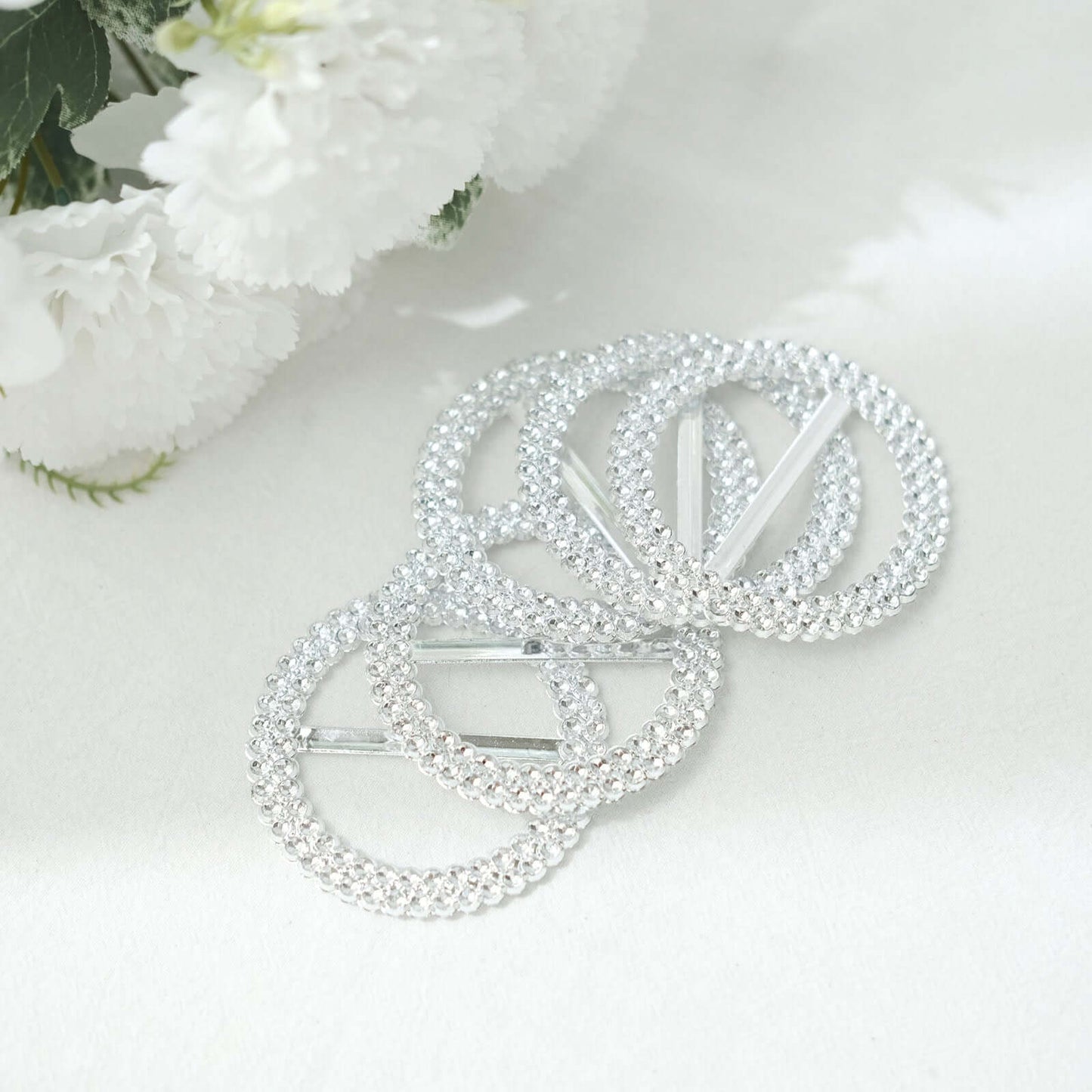 20 Pack Diamond Round Chair Sash Band Buckle Pins Silver - Timeless Rhinestone Napkin Rings 2.5"
