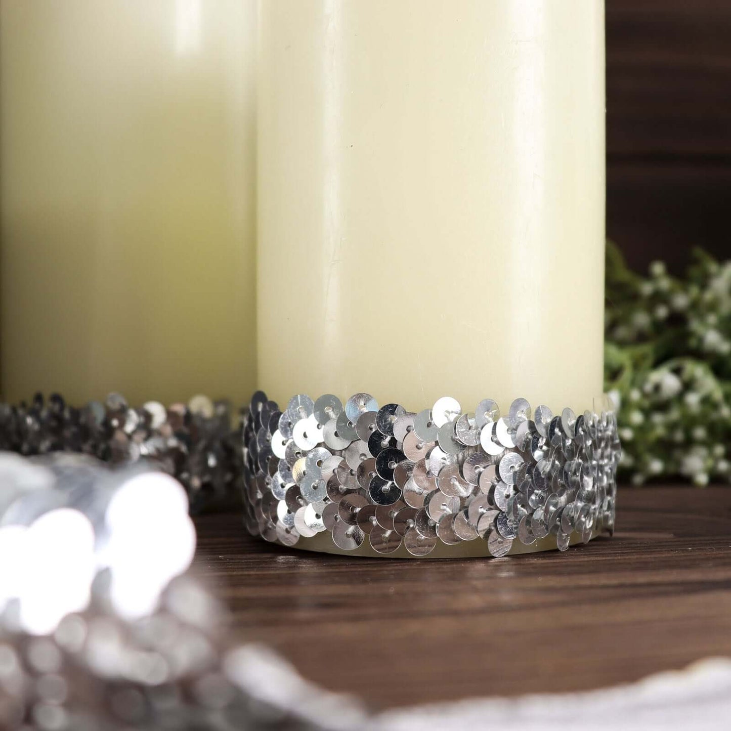 1"x10 Yards Metallic Silver Sequin Stretch Fabric Ribbon, Elastic Lace Trim, Shiny Glitter Craft Fabric