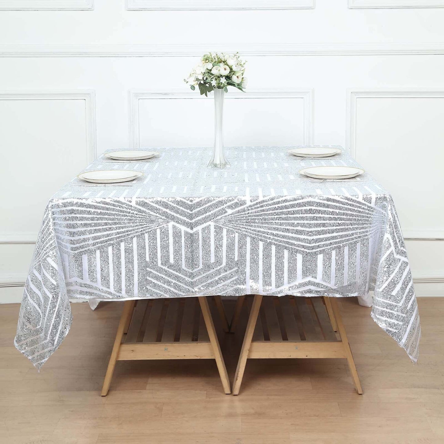 Sequin 72" Table Overlay Square Tablecloth Silver - Diamond Glitz Table Cover