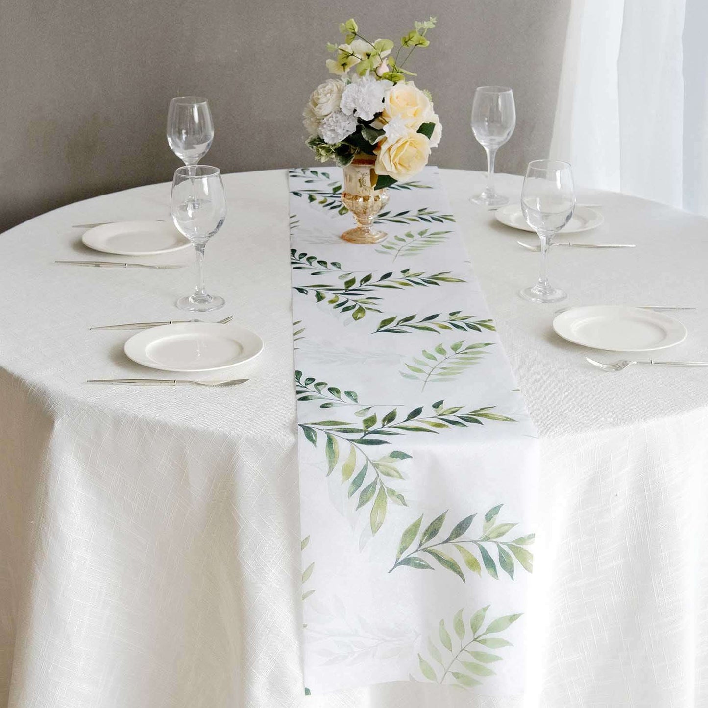 Disposable Table Runner 11"x108" White with Green Olive Leaves Print - Non-woven Stylish Spring Summer Dining Decor