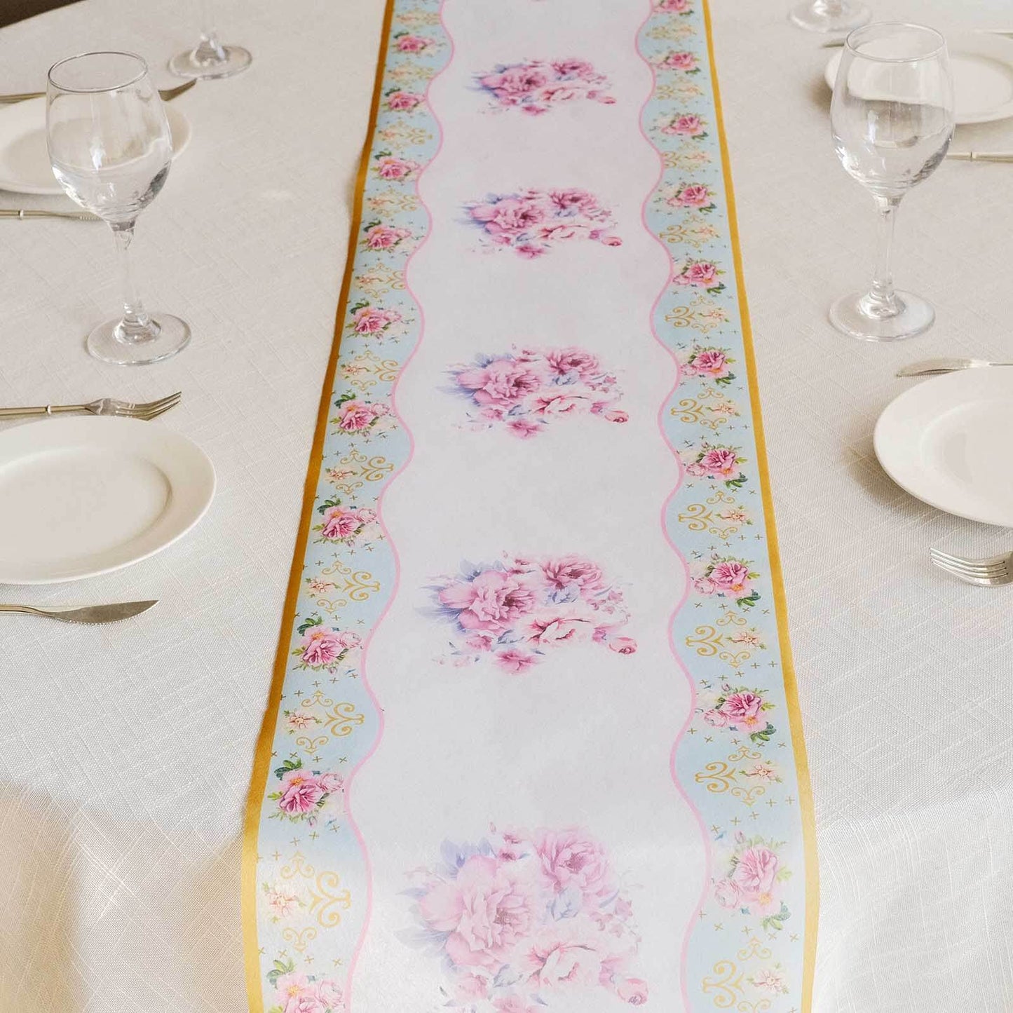 Disposable Table Runner 11"x108" White with Pink Peony Floral Print - Non-woven Stylish Spring Summer Dining Decor