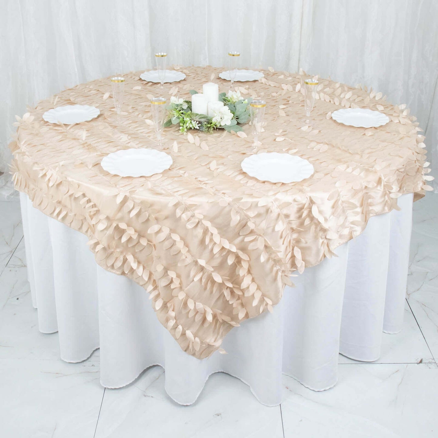 Taffeta 72"x72" Table Overlay Square Tablecloth Beige - 3D Leaf Petal Table Cover