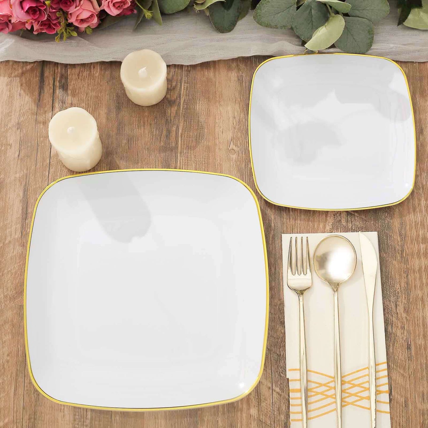 10-Pack Plastic 10" Square Dinner Plates in White with Gold Rim - Classy Disposable Lunch Party Plates for Weddings & Special Events