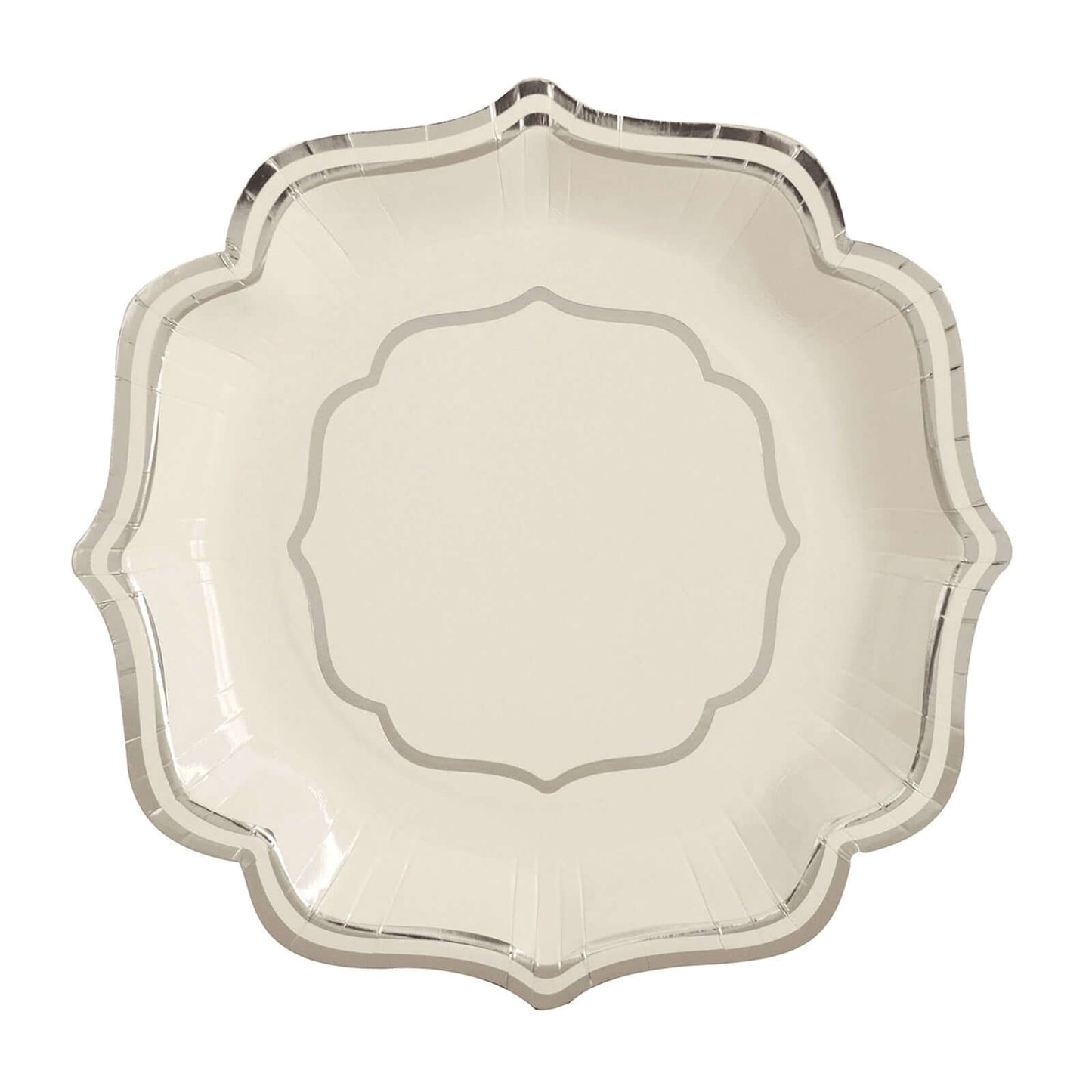 25-Pack Paper Dinner Plates in White with Silver Scallop Rim - Disposable 300GSM Party Plates 10"