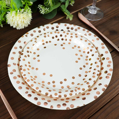 25-Pack Paper Round Dinner Plates 9" White with Metallic Rose Gold Polka Dots - Disposable 300GSM Party Plates for Banquets & Celebrations