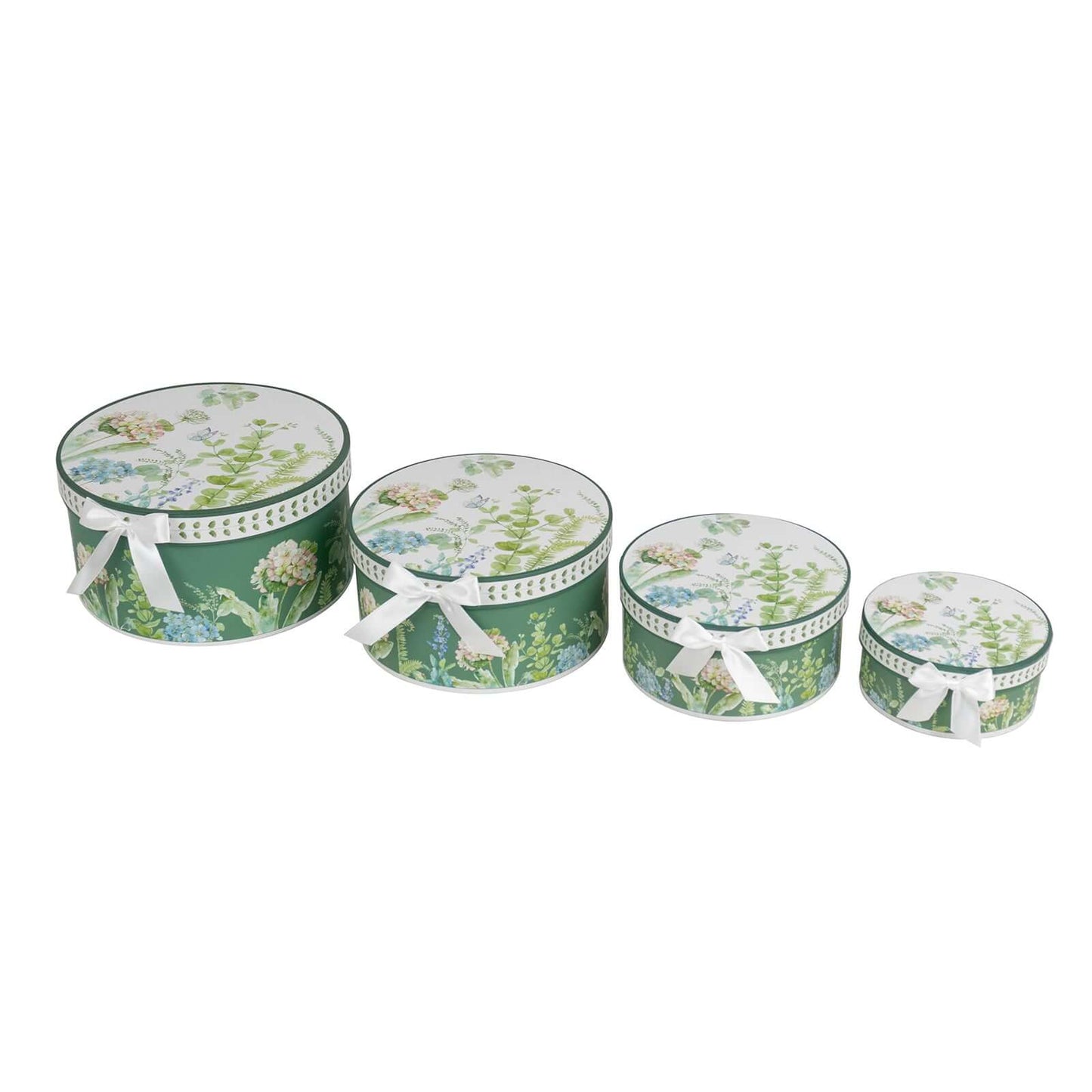 Set of 4 Cardstock Round Nesting Gift Boxes Greenery Theme Design - Decorative Heavy Duty Stackable Keepsake Boxes With Lids for Presents Storage & Pedestal Stand 5",7",8",9"