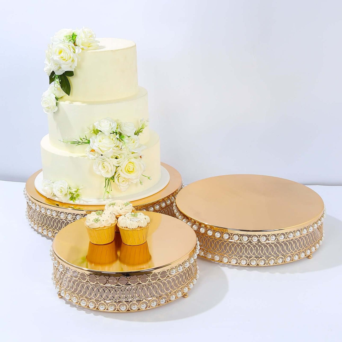 Set of 3 Cake Stands Round Design with Mirror Top Gold - Pearl Beaded Stackable Cupcake Holders Metal 12", 14", 16"