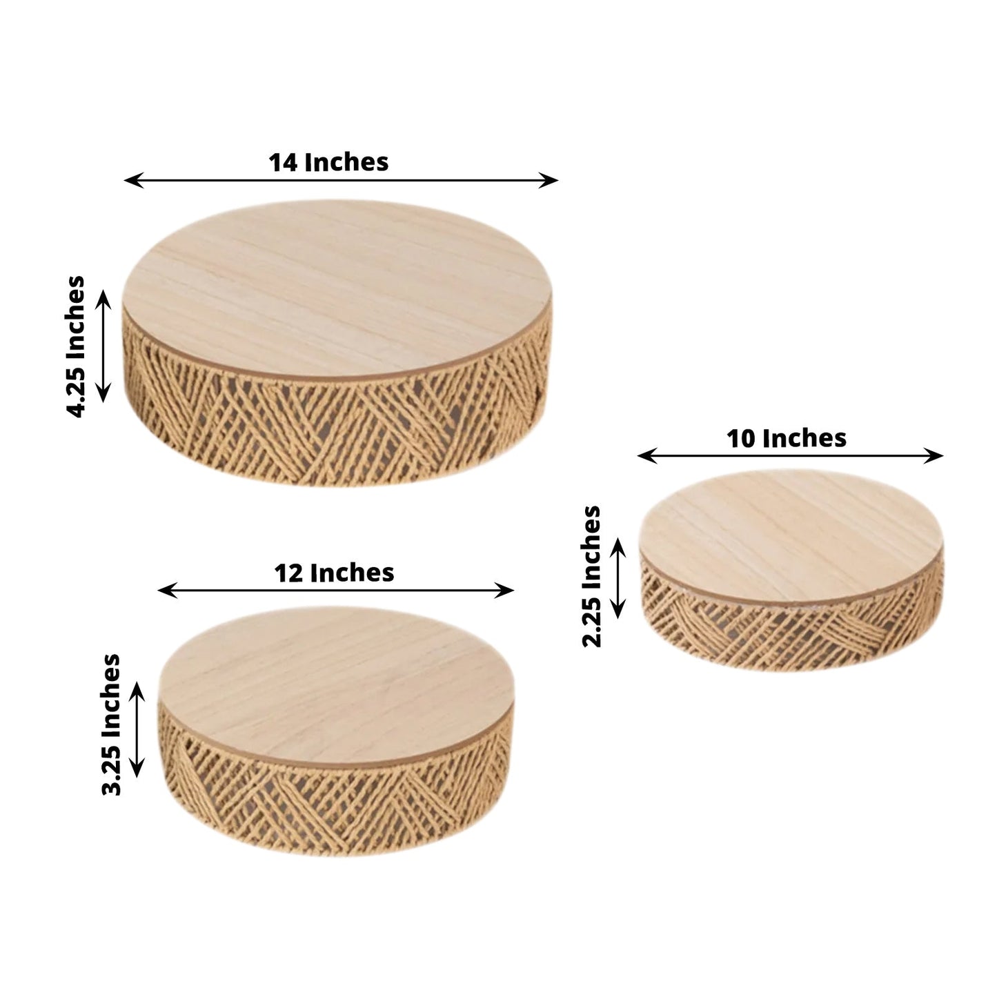 Set of 3 Pedestal Cake Stands Jute Rattan with Wooden Top Plates Natural - Stackable Round Rustic Farmhouse Design 10", 12", 14"
