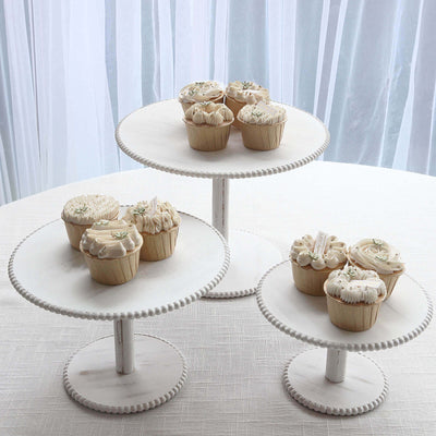 Set of 3 Wooden Pedestal Cake Stands Whitewash with Round Beaded Rim Trays - Stackable Rustic Cupcake Display 8", 10", 12"
