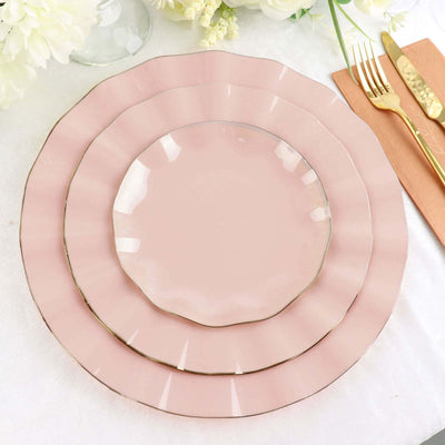 10-Pack Plastic 11" Round Dinner Plates in Blush Ruffled Rim with Gold Edging - Sturdy Disposable Dinnerware