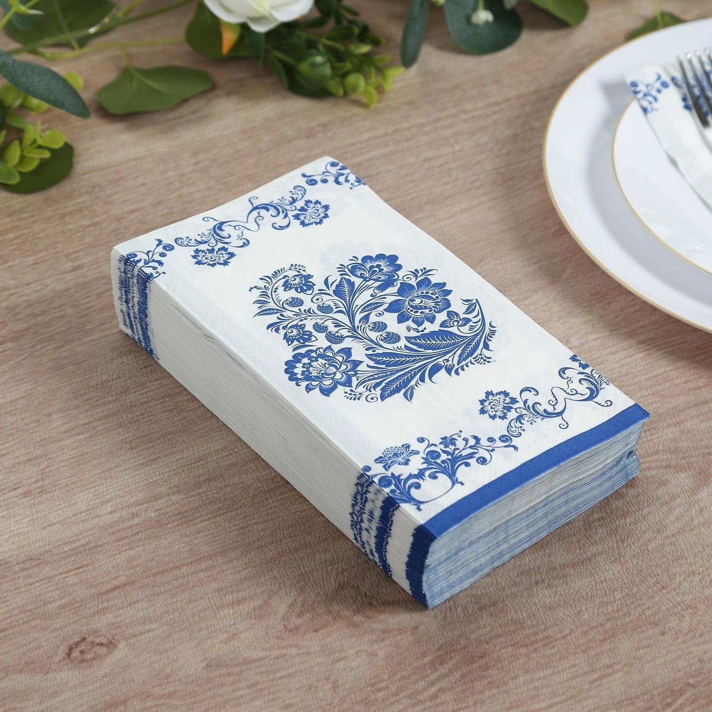 50 Pack 2-Ply Paper Party Napkins in White Royal Blue Damask Floral Pattern, Disposable Dinner Napkins - Highly Absorbent & Soft