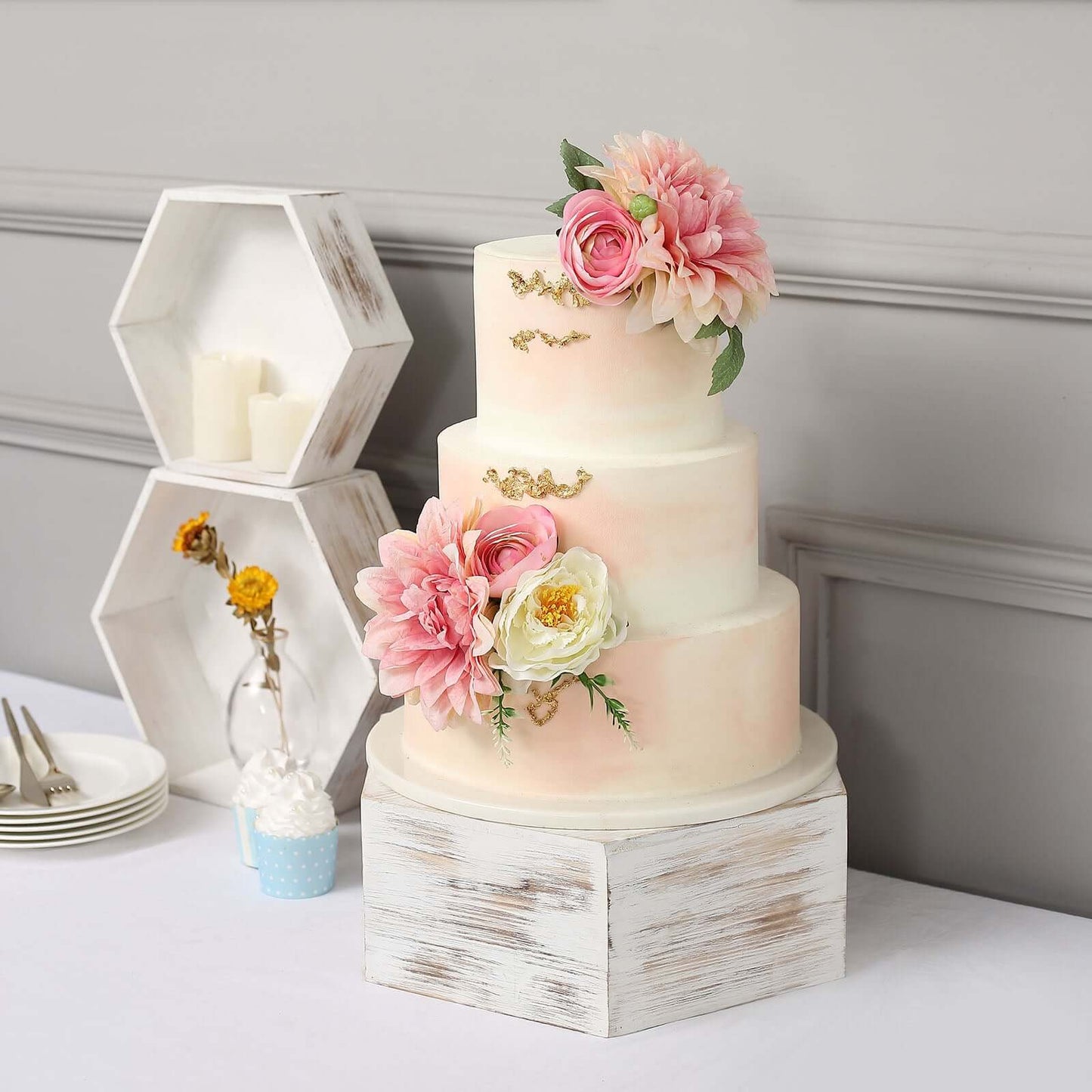 Set of 3 Wooden Dessert Display Boxes Whitewashed Hexagonal Design - Stackable Riser Cake Stand 9", 11", 13"