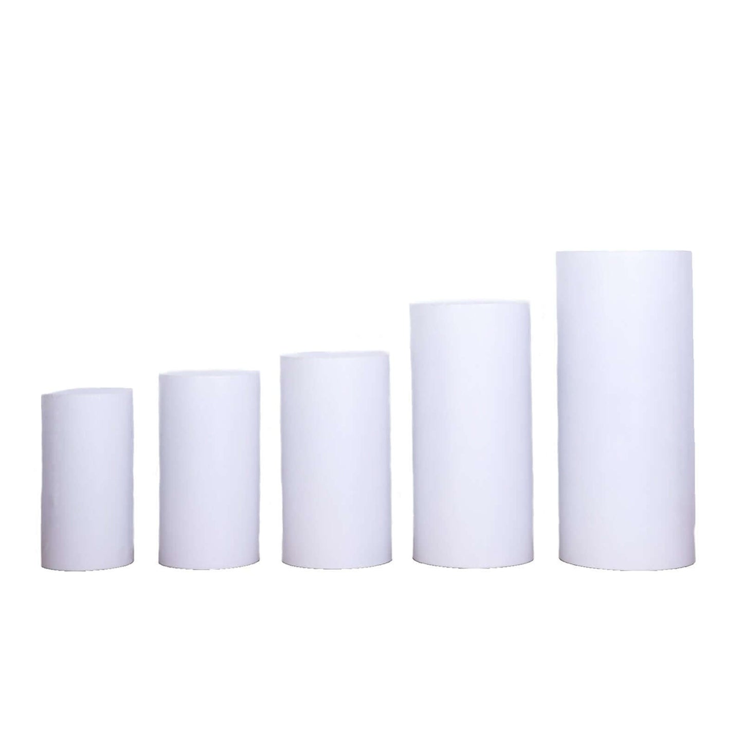 Set of 5 White Metal Cylinder Pillar Prop Stands For Wedding Aisle, Round Plinth Pedestal Display Boxes - 20",22",24",28",32"