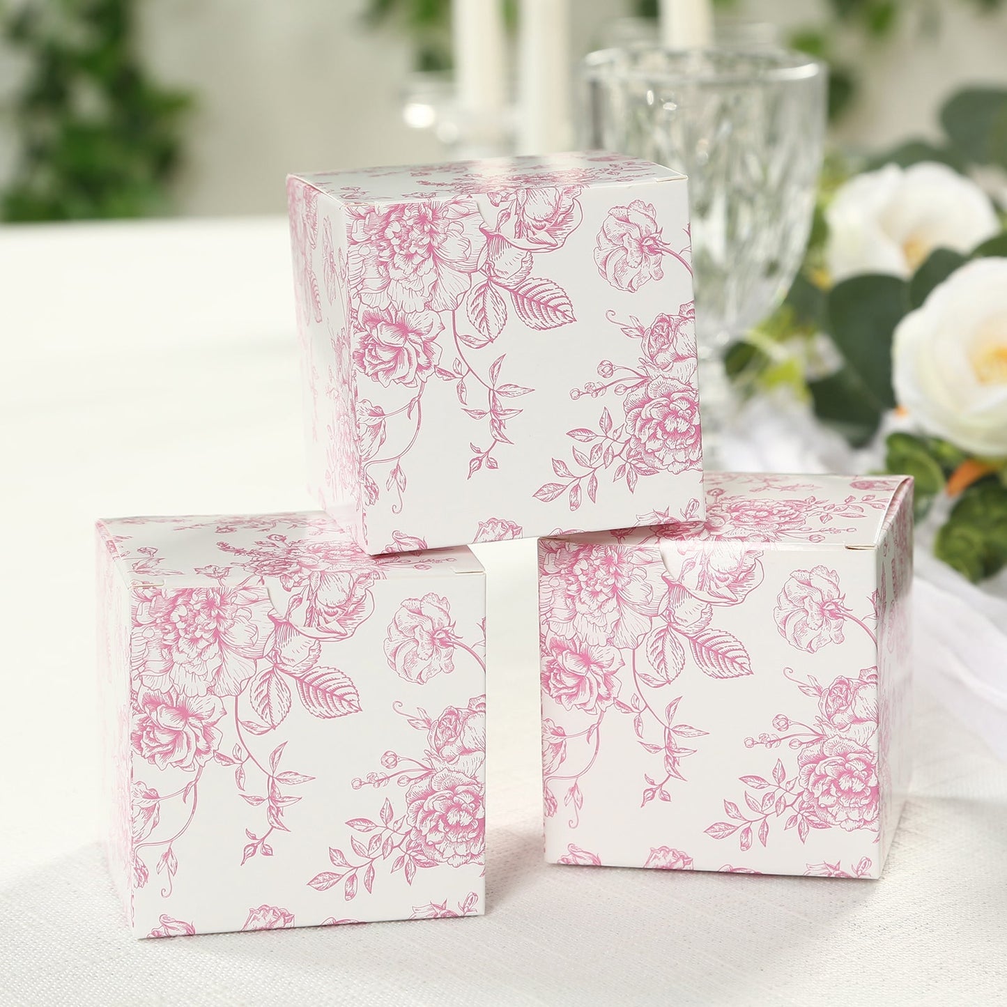 25 Pack Candy Treat Favor Boxes in French Toile Pattern - Matte Pink and White Party Gift Boxes, Cardstock Paper - 3"x3"