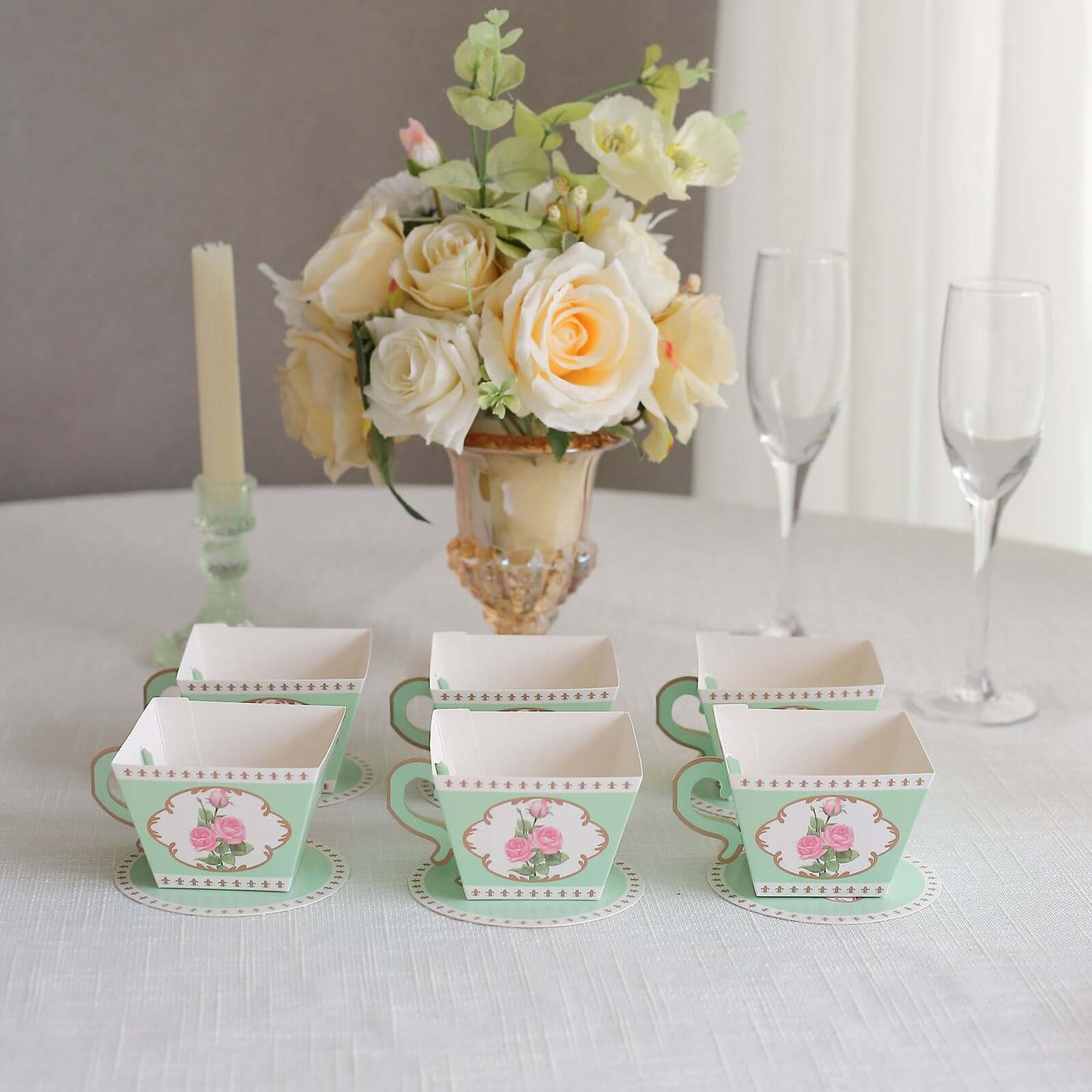 25 Pack Turquoise Mini Teacup and Saucer Party Favor Boxes with Rose Floral Print, Tea Time Candy Boxes - 4"x3"