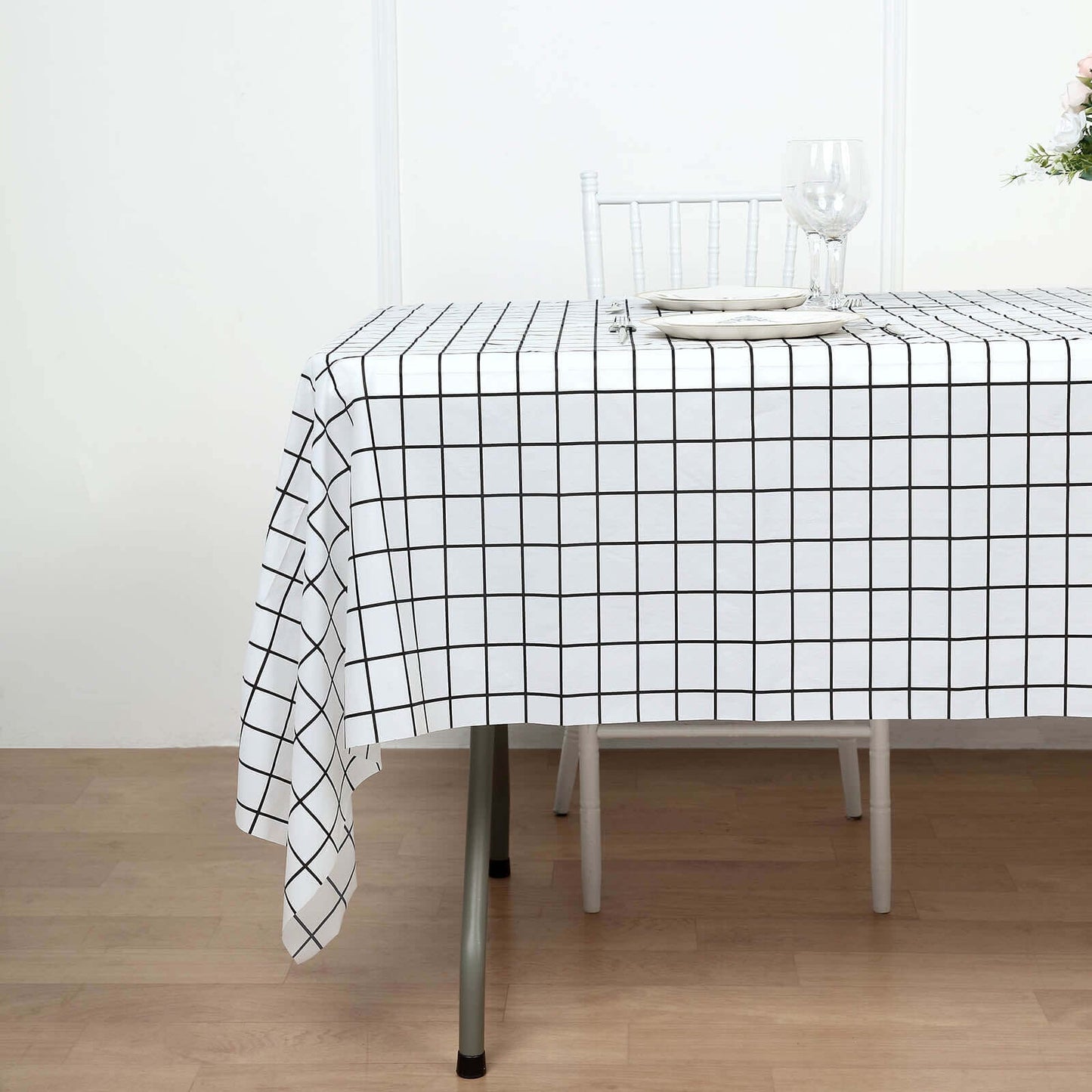 5-Pack Plastic Table Covers Black/White Grid Rectangle - Durable Checkered PVC Disposable Tablecloths 54"x108"