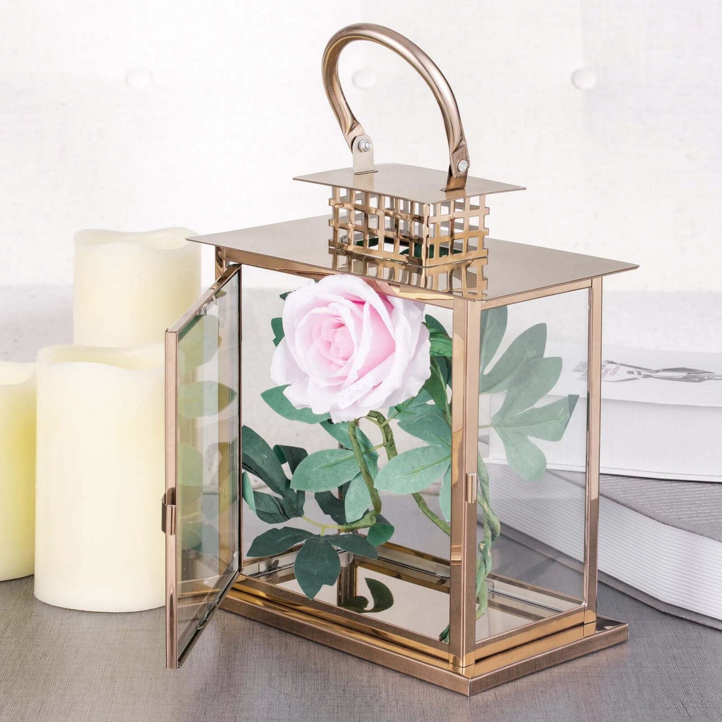 Stainless Steel Candle Lantern Cage Top Design Rose Gold - Outdoor Metal Patio Lantern Centerpiece 10" - Linen Luxes