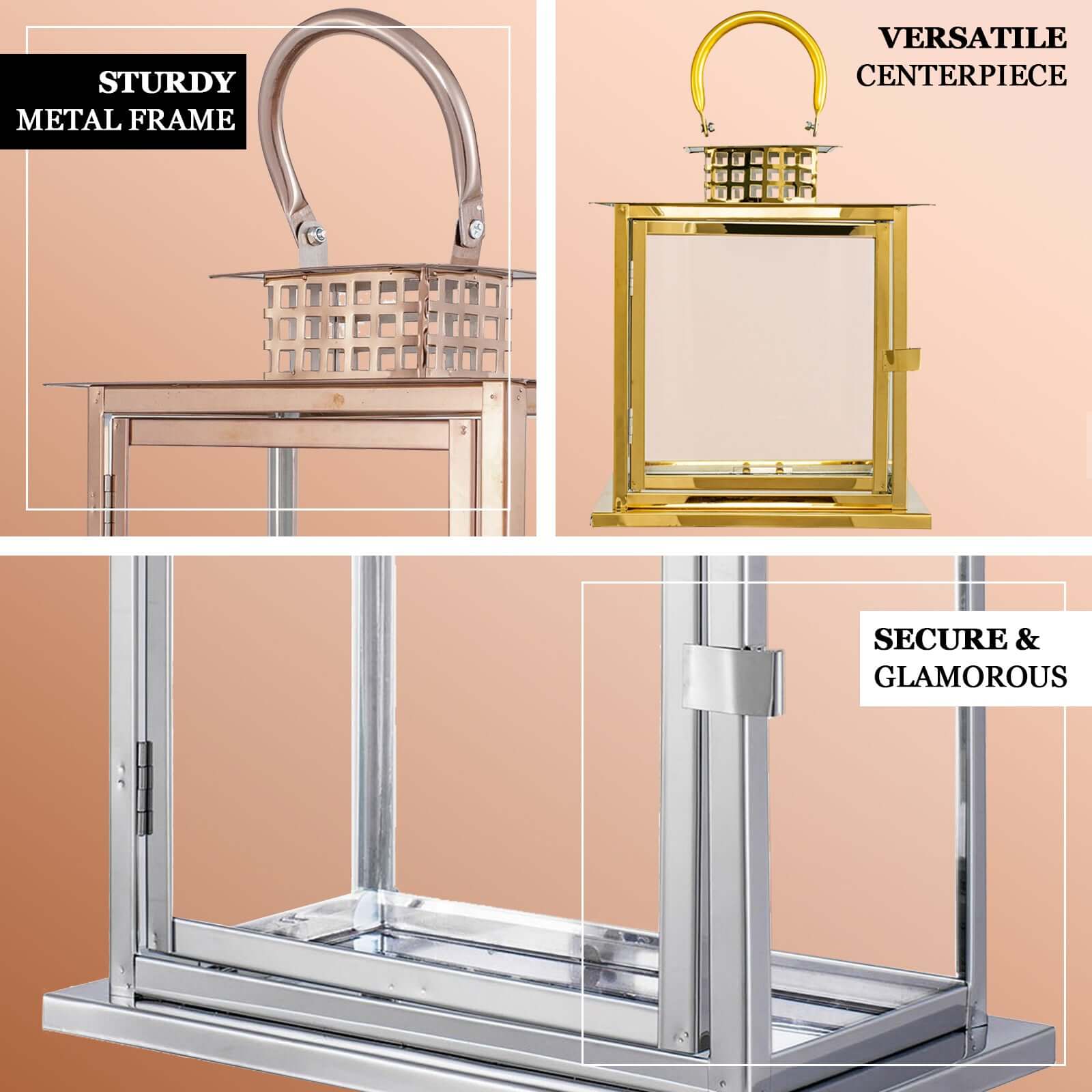 Stainless Steel Candle Lantern Cage Top Design Rose Gold - Outdoor Metal Patio Lantern Centerpiece 10" - Linen Luxes