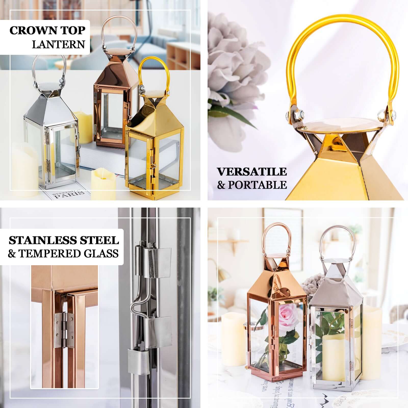 Stainless Steel Candle Lantern Crown Top Design Gold - Outdoor Metal Patio Lantern Centerpiece 14" - Linen Luxes