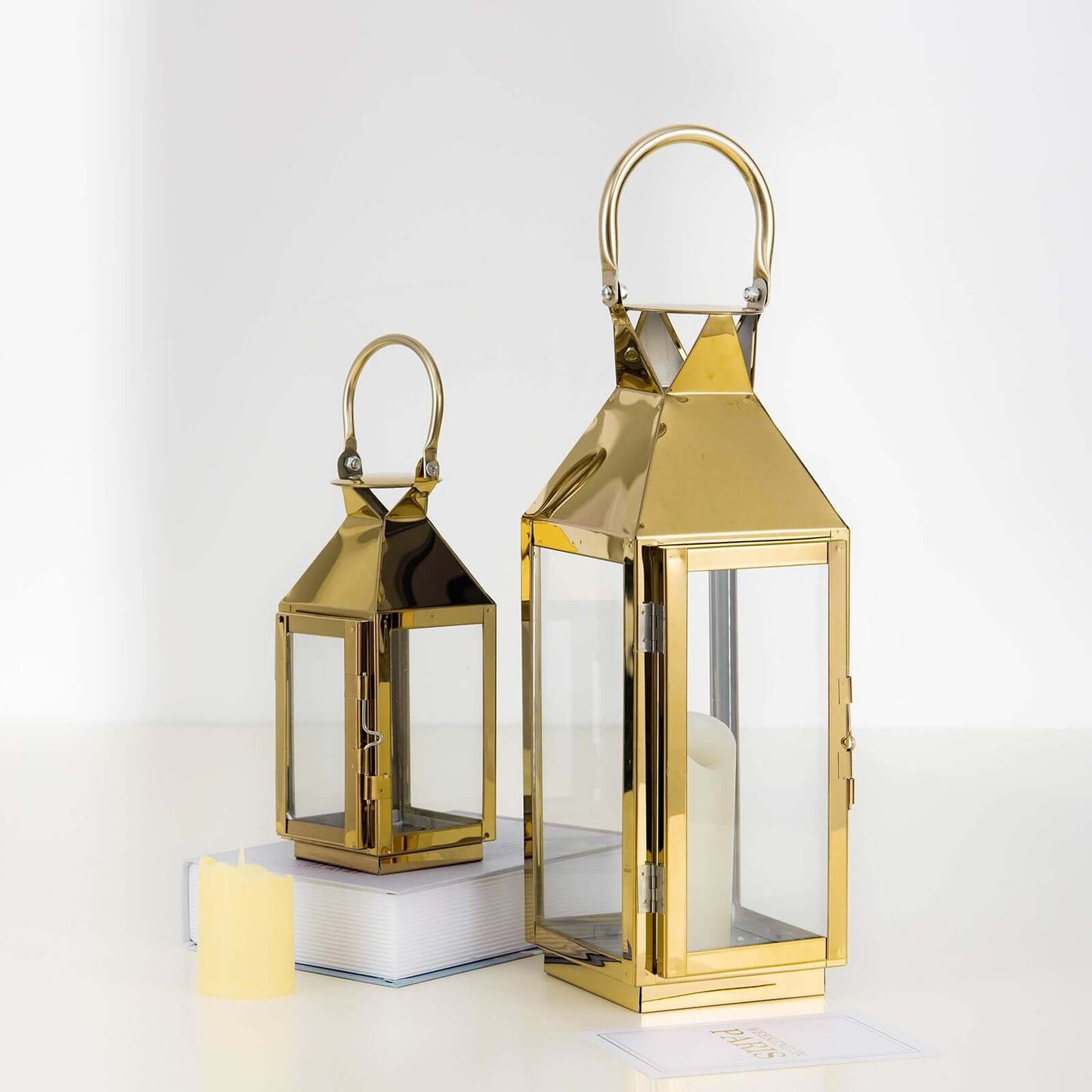 Stainless Steel Candle Lantern Crown Top Design Gold - Outdoor Metal Patio Lantern Centerpiece 14" - Linen Luxes