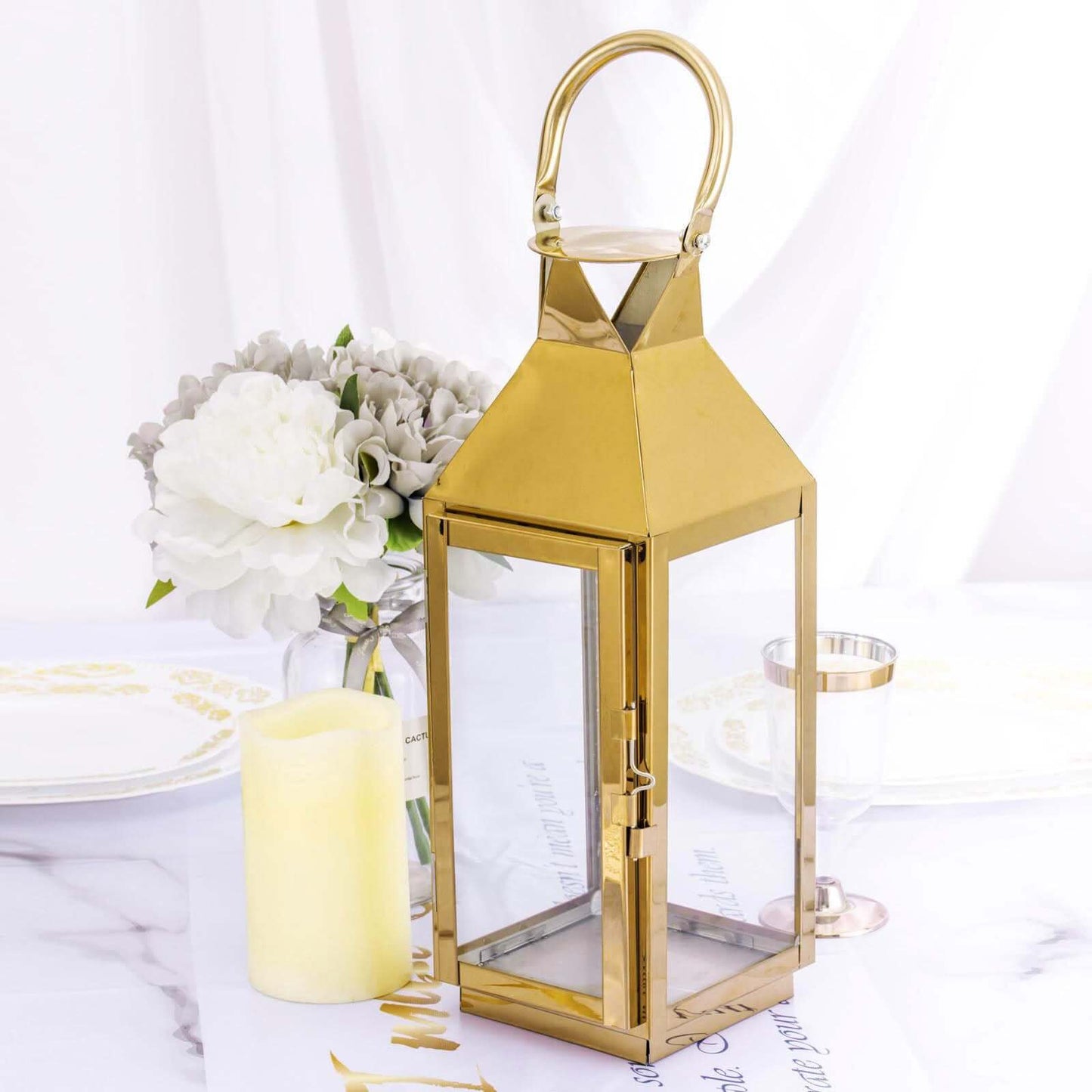 Stainless Steel Candle Lantern Crown Top Design Gold - Outdoor Metal Patio Lantern Centerpiece 14" - Linen Luxes
