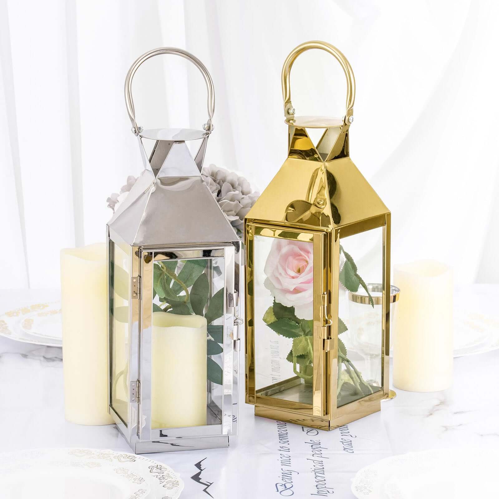Stainless Steel Candle Lantern Crown Top Design Gold - Outdoor Metal Patio Lantern Centerpiece 14" - Linen Luxes