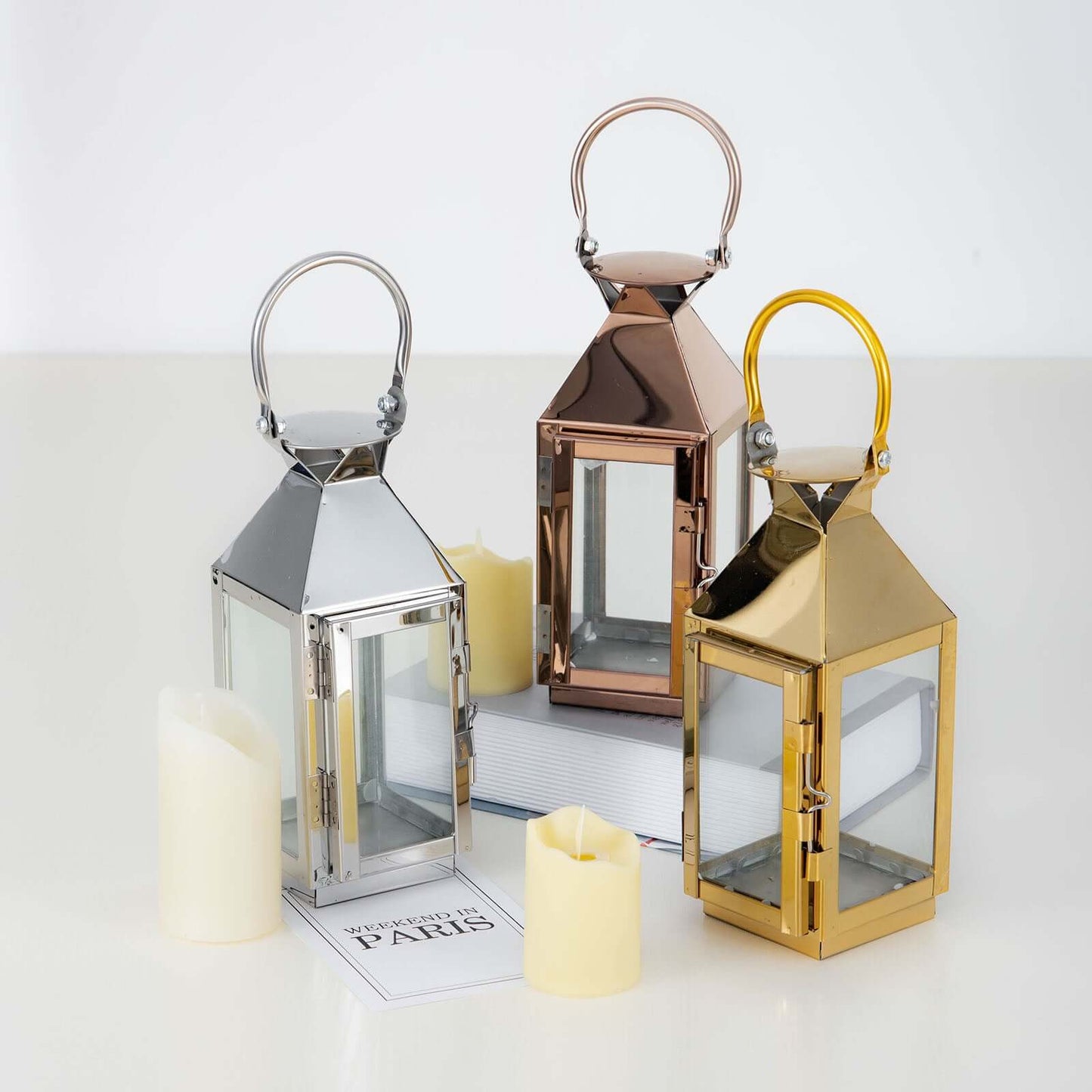 Stainless Steel Candle Lantern Crown Top Design Gold - Outdoor Metal Patio Lantern Centerpiece 8" - Linen Luxes