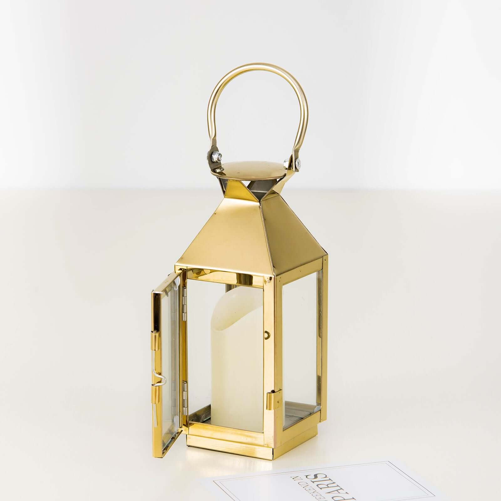 Stainless Steel Candle Lantern Crown Top Design Gold - Outdoor Metal Patio Lantern Centerpiece 8" - Linen Luxes