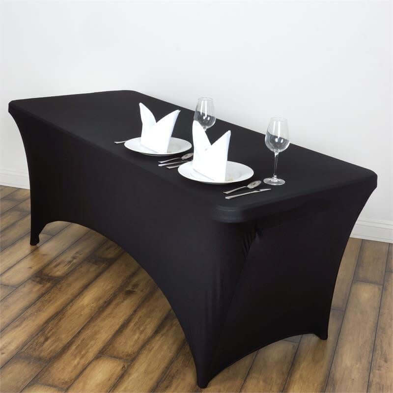 Stretch Spandex 6ft Rectangle Tablecloth Black - Durable Form - Fitting Table Cover for Events & Presentations - Linen Luxes