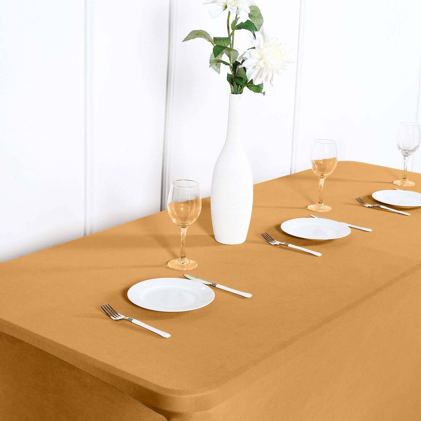 Stretch Spandex 6ft Rectangle Tablecloth Gold - Durable Form - Fitting Table Cover for Events & Presentations - Linen Luxes
