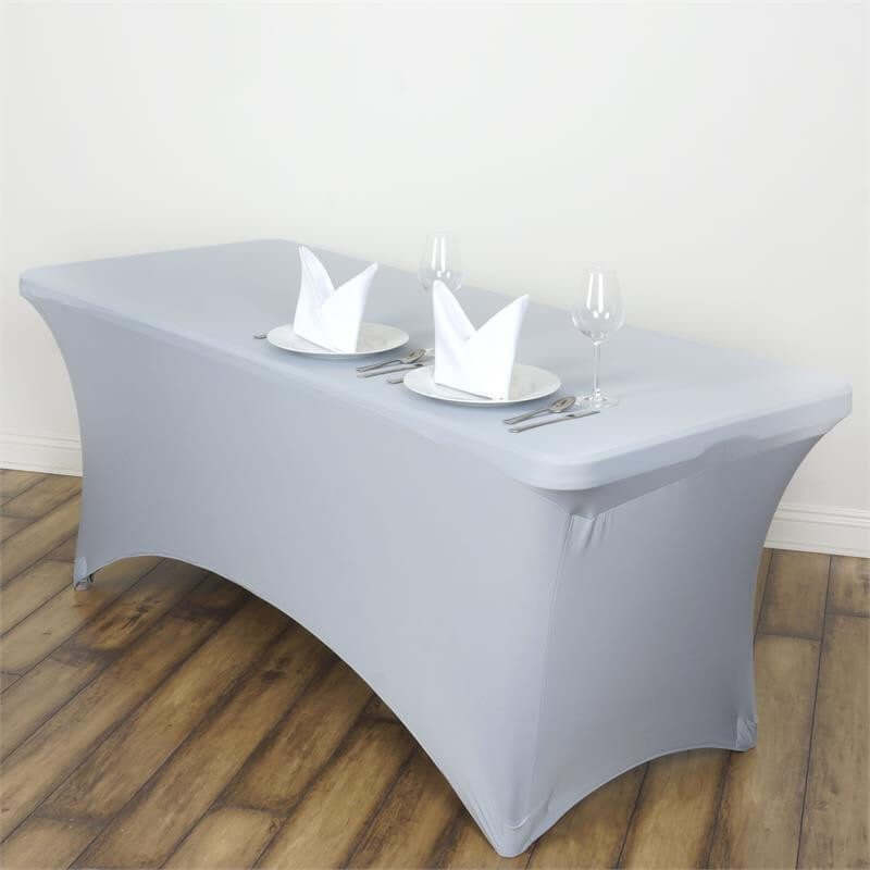 Stretch Spandex 6ft Rectangle Tablecloth Silver - Durable Form - Fitting Table Cover - Linen Luxes