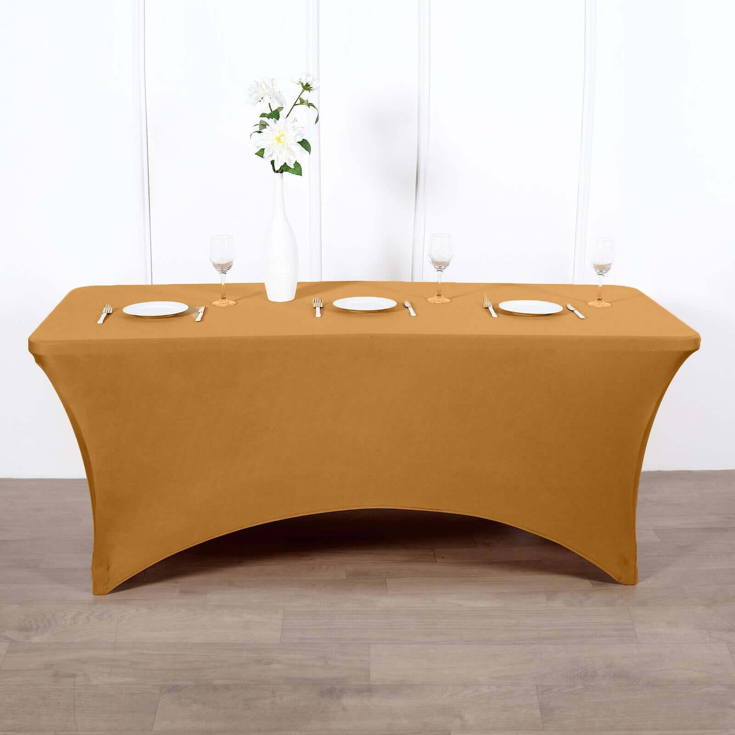 Stretch Spandex 96"x30" Rectangle Table Cover Gold - Durable Form - Fitting Tablecloth for Events & Presentations - Linen Luxes