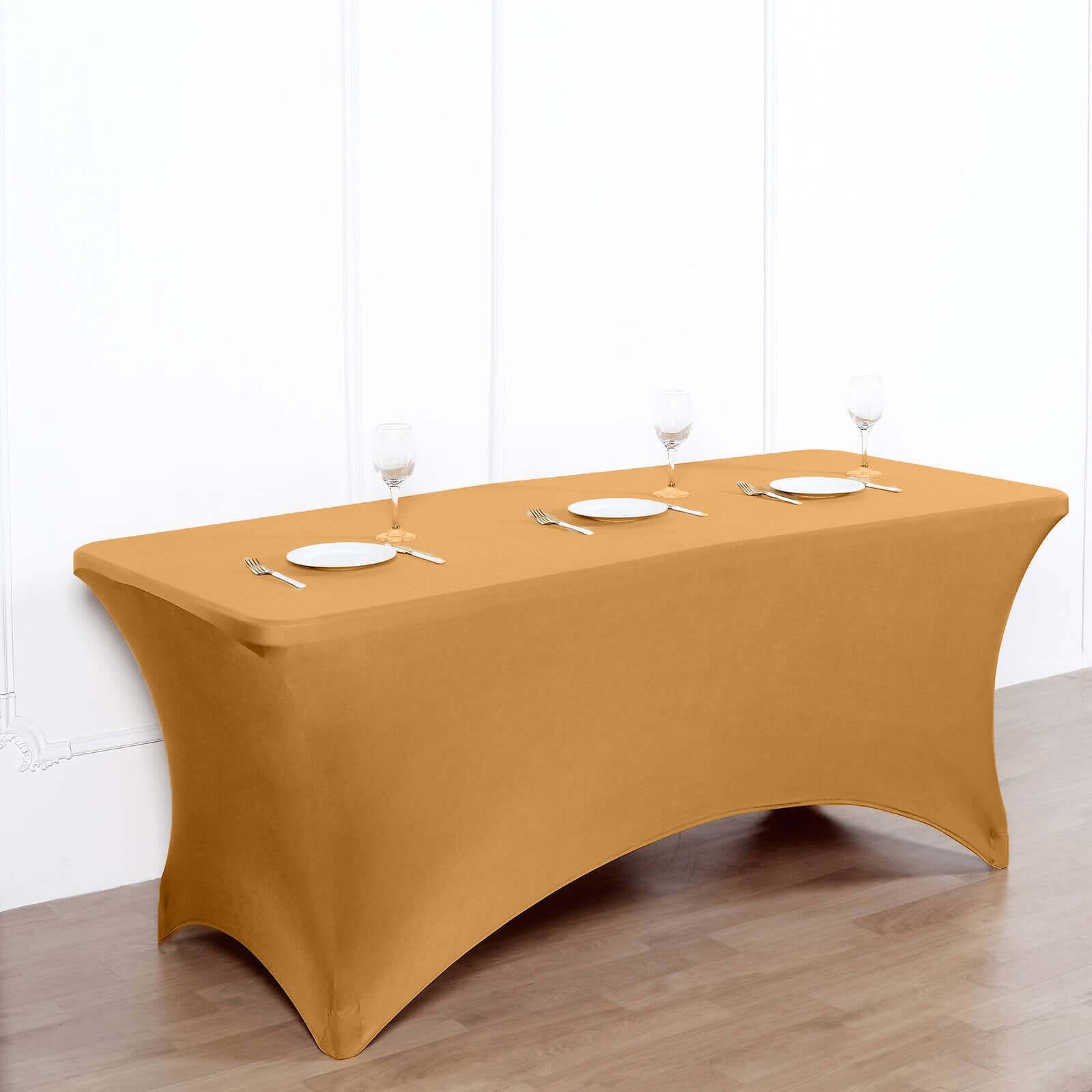 Stretch Spandex 96"x30" Rectangle Table Cover Gold - Durable Form - Fitting Tablecloth for Events & Presentations - Linen Luxes