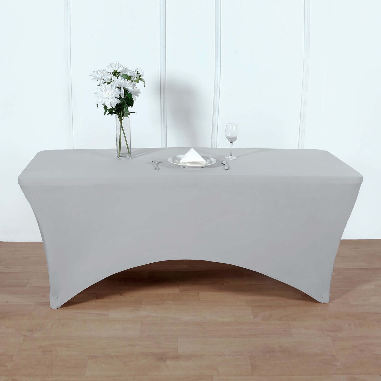 Stretch Spandex 96"x30" Rectangle Table Cover Silver - Durable Form - Fitting Tablecloth - Linen Luxes
