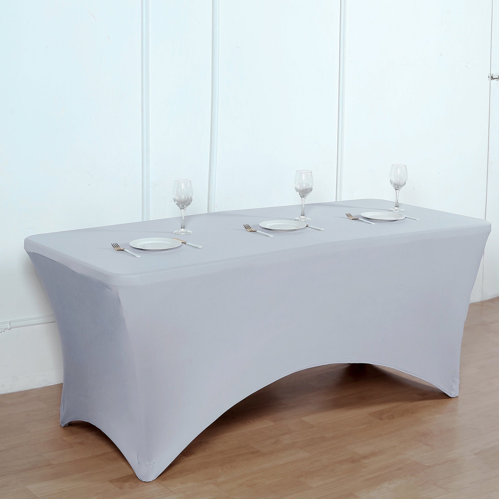 Stretch Spandex 96"x30" Rectangle Table Cover Silver - Durable Form - Fitting Tablecloth - Linen Luxes