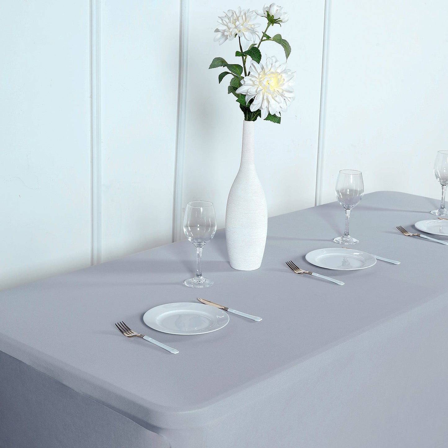 Stretch Spandex 96"x30" Rectangle Table Cover Silver - Durable Form - Fitting Tablecloth - Linen Luxes