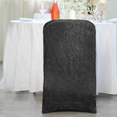 Stretch Spandex Chair Cover Black for Folding Chairs - Metallic Shimmer Tinsel Back Design Fitted Slipcover - Linen Luxes